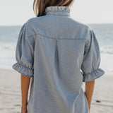 Ruffle Puff Sleeve Chambray Shirt