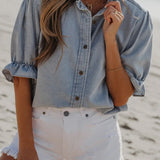 Ruffle Puff Sleeve Chambray Shirt
