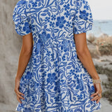 Blue & White Floral Tiered Dress
