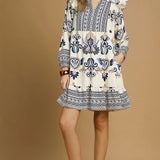 Long Sleeve Block Print Dress