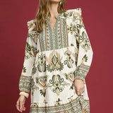 Long Sleeve Block Print Dress