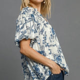 Blue and White Floral Blouse