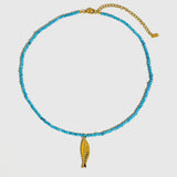 18K Non-Tarnish Blue Beaded Fish Necklace