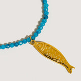 18K Non-Tarnish Blue Beaded Fish Necklace
