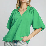 Bubble Sleeve Seersucker Blouse