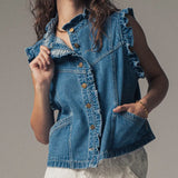 Ruffle Trim Denim Vest